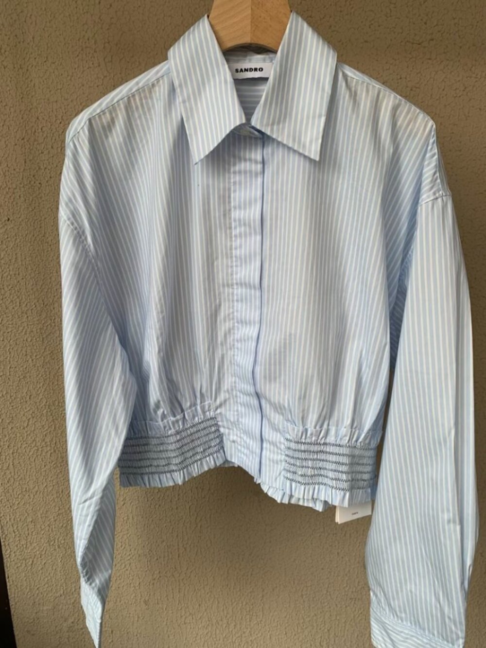 SANDRO Blue White Striped Smocked Cropped Button Down Shirt
